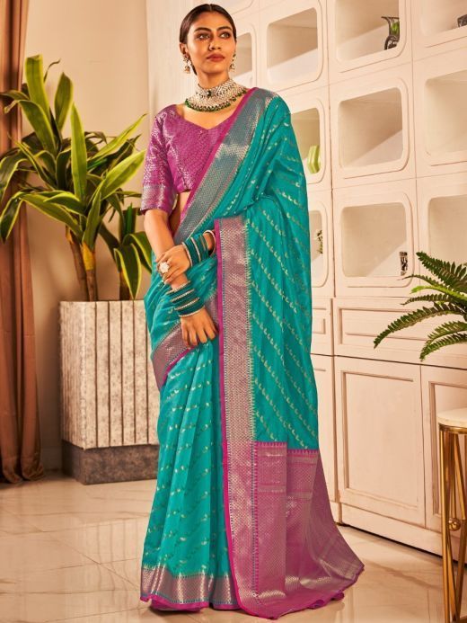 Beautiful Sea Green Zari Woven Banarasi Silk Reception Wear Saree