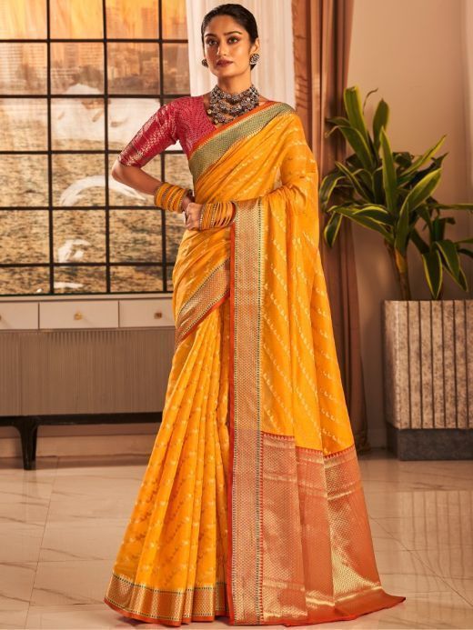 Spectacular Yellow Zari Weaving Banarasi Silk Traditional Saree