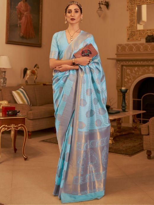 Memorable Sky-Blue Zari Weaving Silk Wedding Wear Saree With Blouse