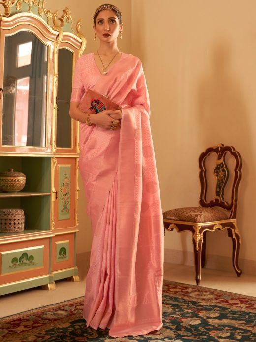 Fantastic Peach Zari Woven Silk Function Wear Saree With Blouse