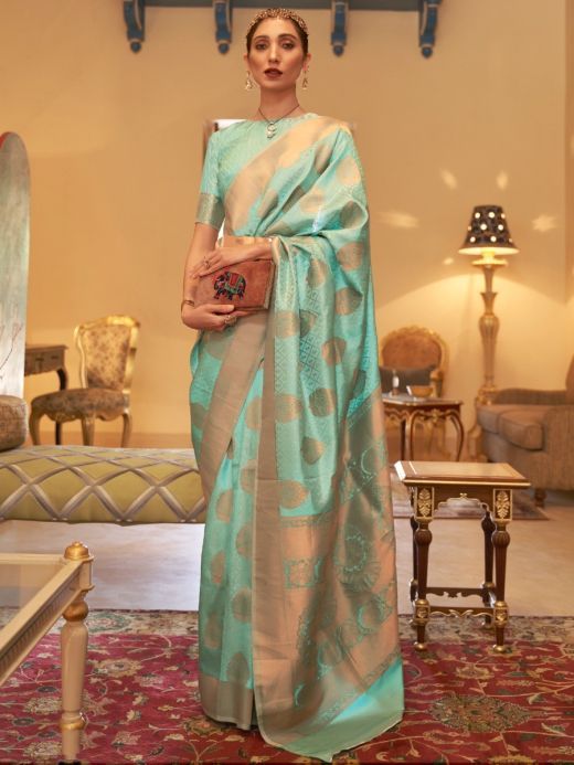 Incredible Sea Green Zari Weaving Silk Reception Wear Saree With Blouse