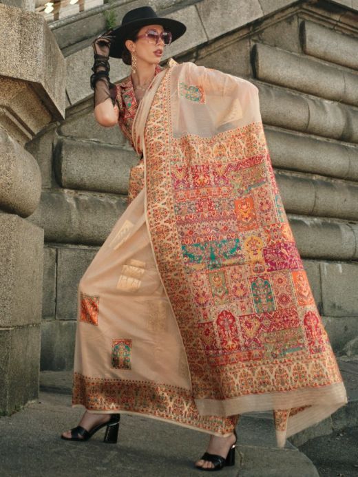 Amazing Beige Zari Woven Silk Traditional Saree With Blouse