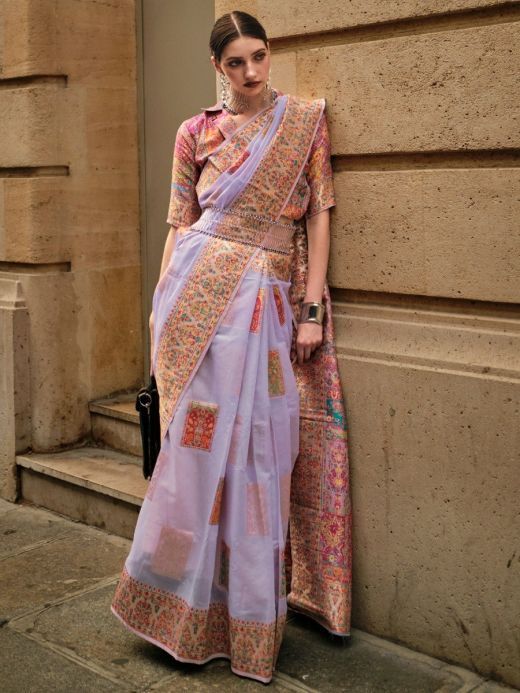 Attractive Lavender Zari Weaving Silk Wedding Wear Saree With Blouse