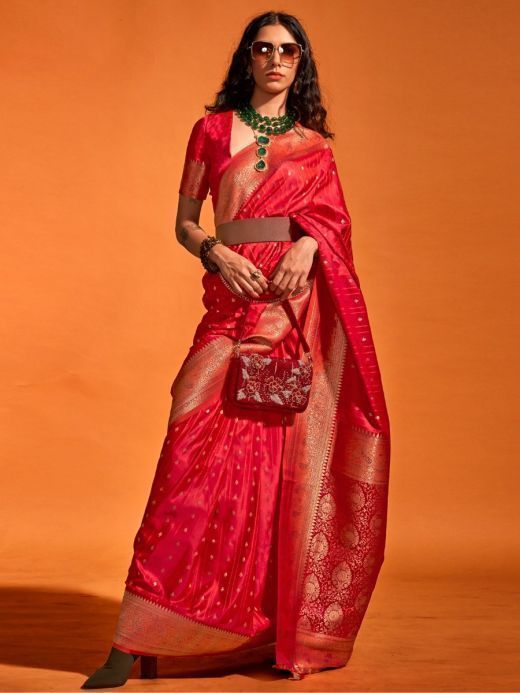 Charming Red Zari Woven Satin Event Wear Saree With Blouse