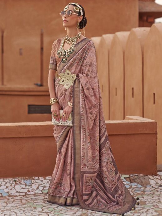 Beautiful Pink Digital Printed Silk Festival Wear Saree With Blouse