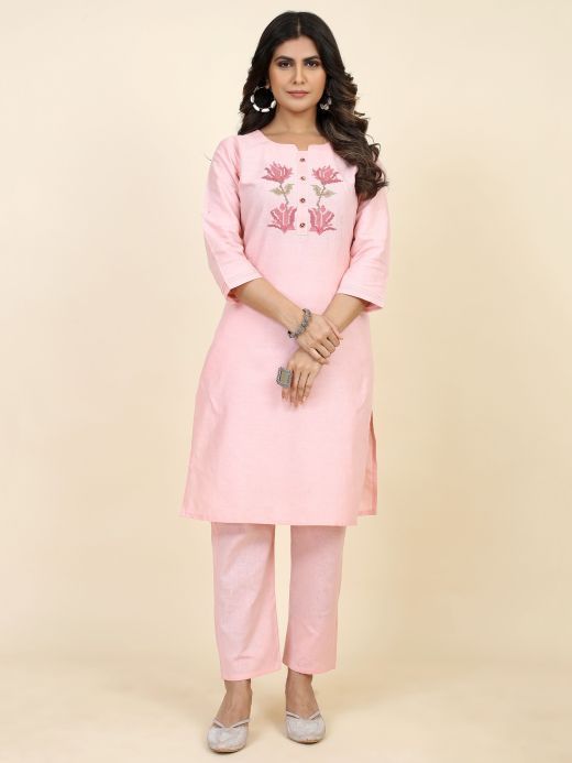 Charming Light Pink Embroidered Silk Casual Wear Kurta With Pant
