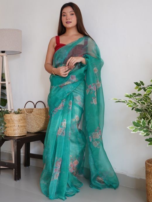 Captivating Green Floral Printed Organza Party Wear Saree With Blouse