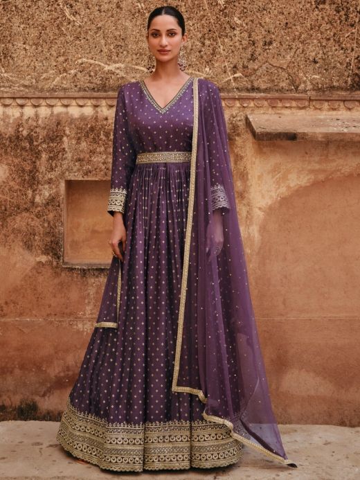 Attractive Purple Sequins Jacquard Silk Traditional Gown With Dupatta 