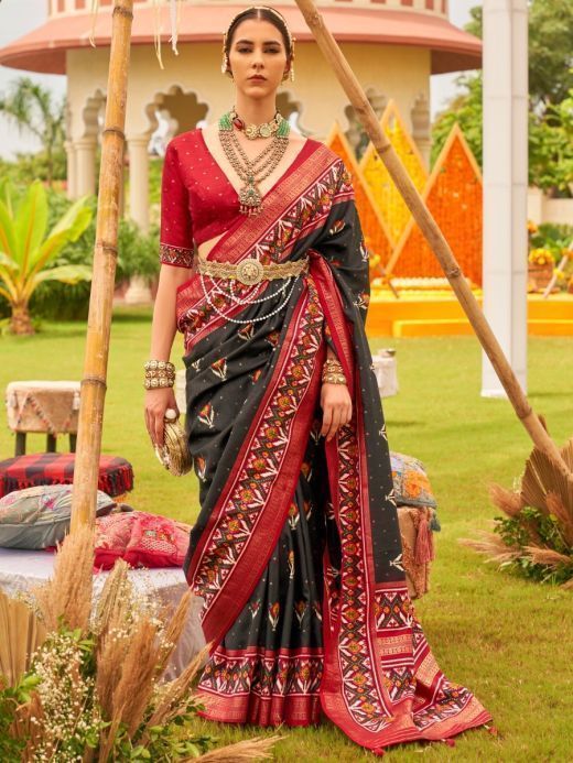 Alluring Black Patola Printed Silk Traditional Saree With Blouse