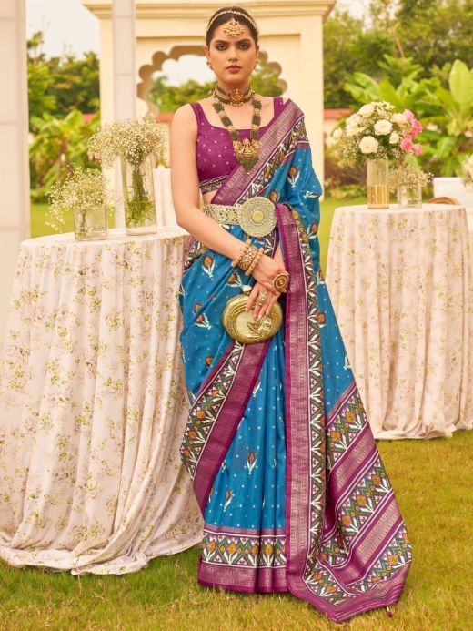 Captivating Blue Patola Printed Silk Wedding Wear Saree With Blouse