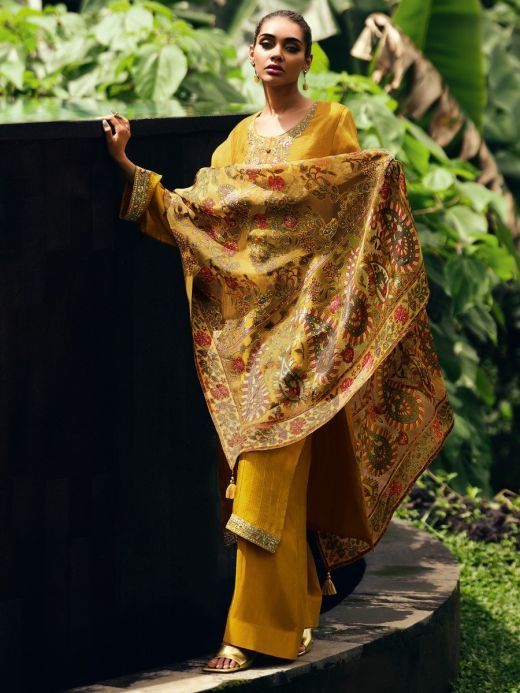 Stunning Yellow Embroidered Muslin Silk Traditional Pakistani Salwar Suit