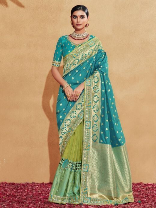 Splendid Sky Blue Zari Embroidery Silk Wedding Wear Saree With Blouse 