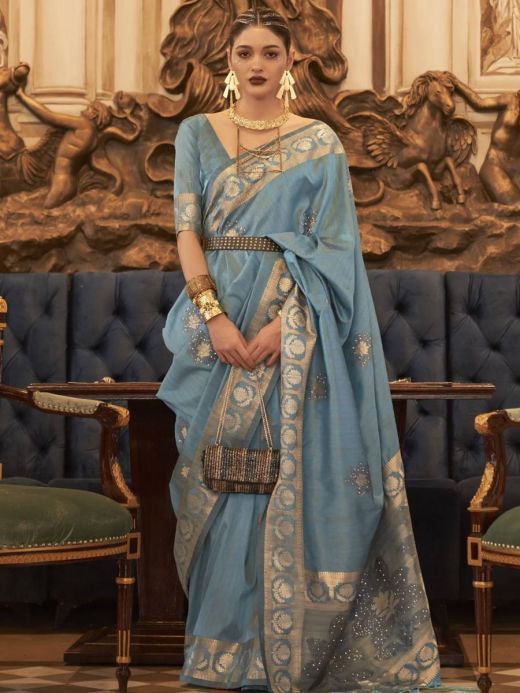 Attractive Sky-Blue Zari Weave Tussar Silk Festival Wear Saree With Blouse