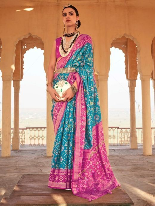 Spectacular Sky Blue Printed Patola Silk Marriage Wear Saree With Blouse