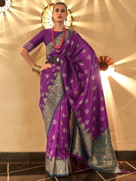 Astonishing Purple Zari Weaving Silk Wedding Wear Saree With Blouse
