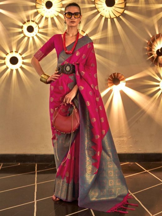 Prodigious Dark Pink Heavy Weaving Handloom Silk Sangeet Wear Saree