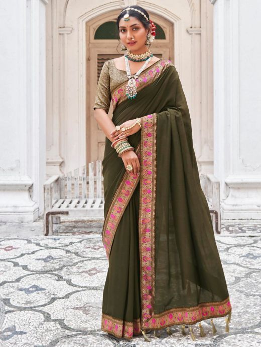 Charming Olive Green Heavy Lace Work Silk Mehendi Wear Saree