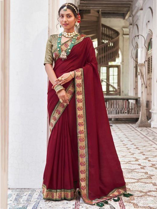Magnetic Maroon Heavy Lace Work Silk Wedding Saree With Blouse