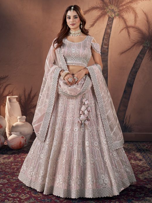 Magnificent Baby Pink Zarkan Work Net Bridesmaid Lehenga Choli 