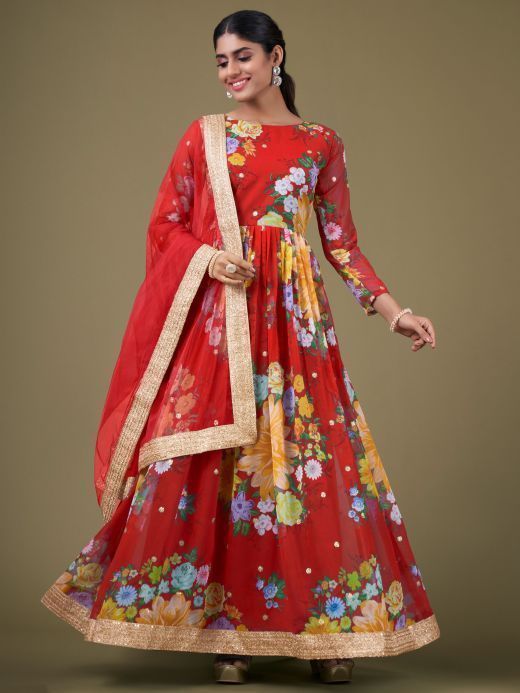 Bewitching Red Floral Printed Georgette Festival Wear Gown With Dupatta