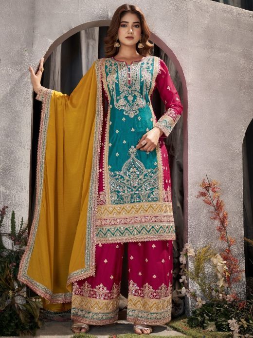 Glamorous Sky-Blue & Pink Embroidered Chinon Palazzo Suit With Dupatta