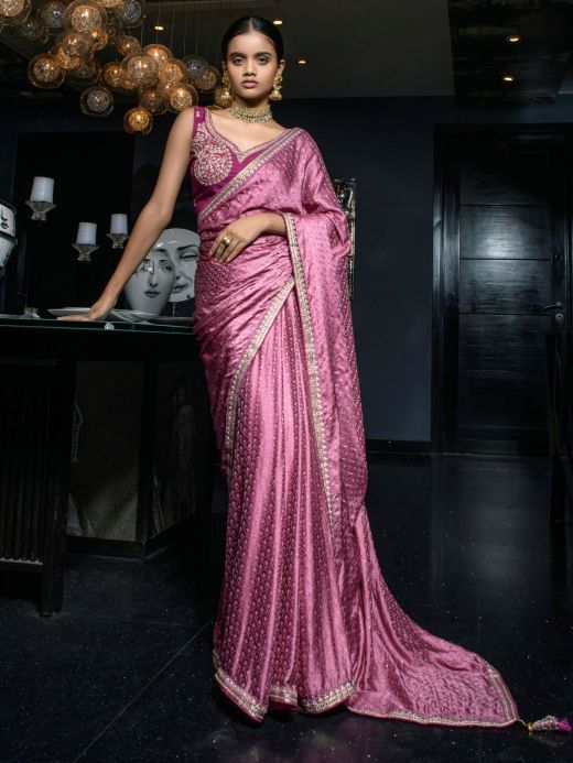Stunning Pink Zari Weaving Satin Party Wear Saree With Blouse