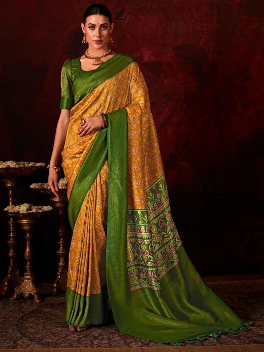 Fantastic Yellow Printed Silk Festival Wear Saree With Blouse