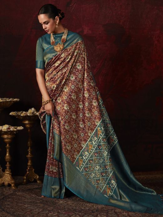 Awesome Brown Patola Printed Silk Function Wear Saree With Blouse