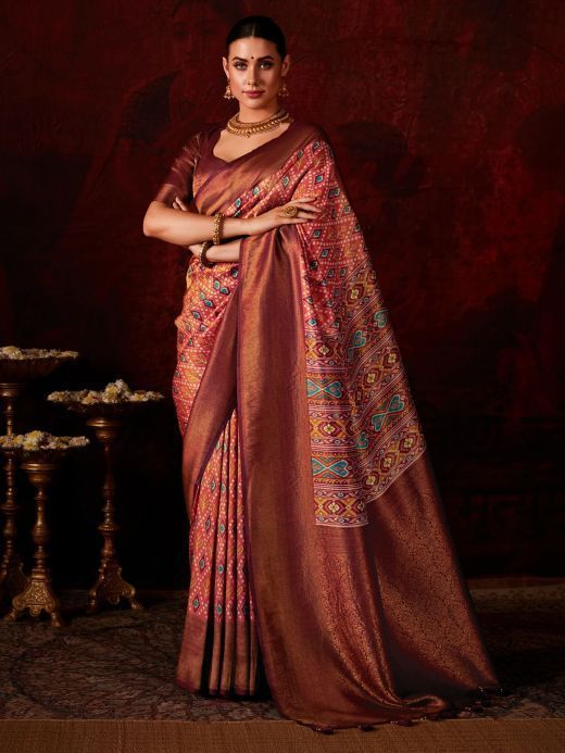 Amazing Coral Red Printed Silk Event Wear Saree With Blouse