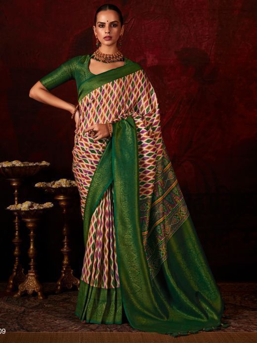Excellent Off-white Digital Printed Silk Traditional Saree With Blouse