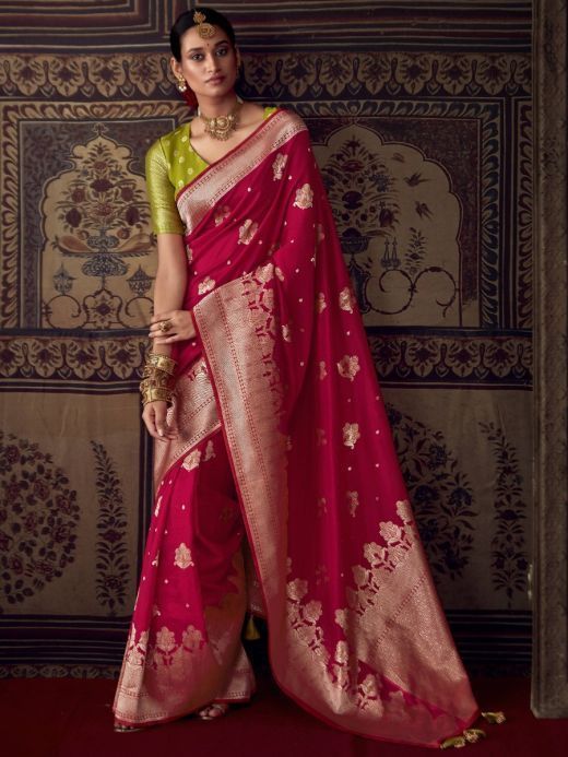 Bewitching Red Zari Weaving Georgette Wedding Saree With Blouse 