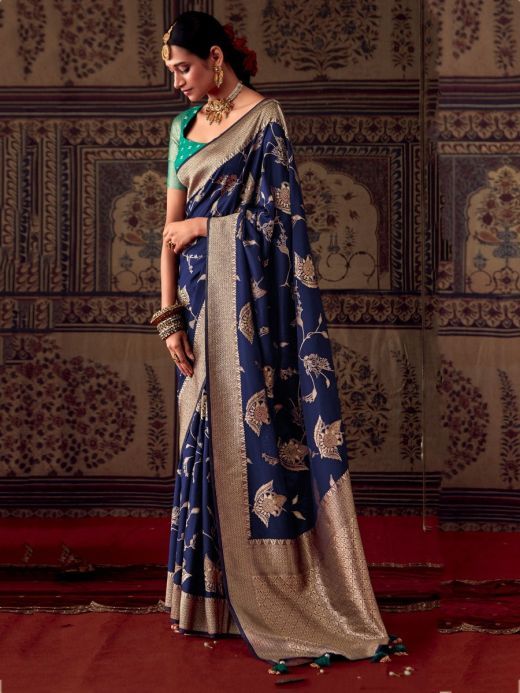 Attractive Blue Zari Weaving Georgette Festival Wear Saree With Blouse