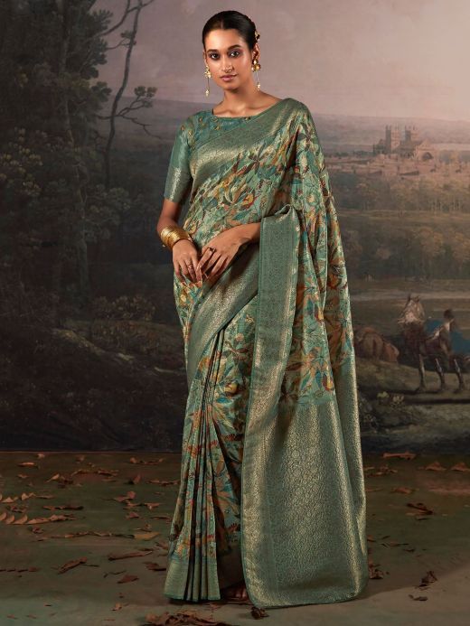 Enchanting Teal Green Floral Printed Silk Event Wear Saree With Blouse