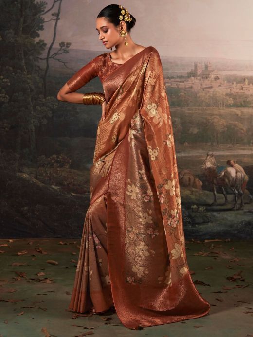 Charming Brown Floral Printed Silk Function Wear Saree With Blouse