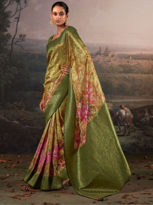 Mesmerizing Green & Cream Floral Printed Silk Wedding Wear Saree