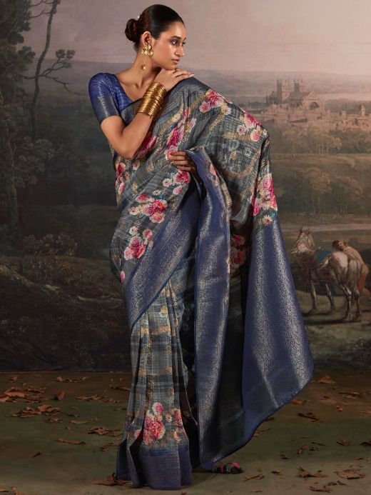 Awesome Blue Floral Printed Silk Traditional Saree With Blouse