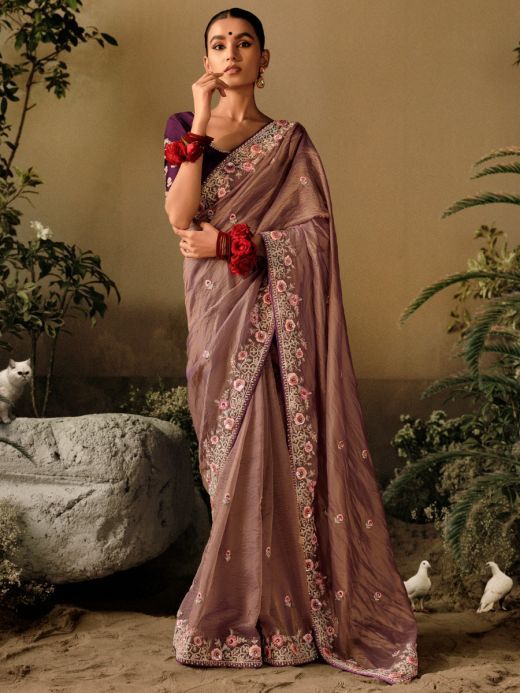 Charming Brown Embroidered Silk Wedding Wear Saree With Blouse