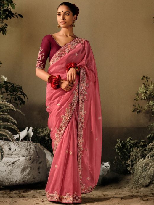 Outstanding Peach Embroidered Silk Wedding Wear Saree With Blouse