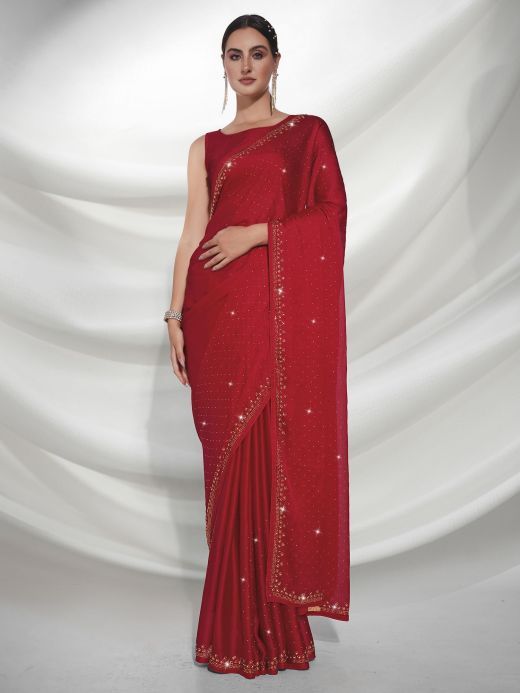 Beautiful Red Swarovski Work Satin Wedding Wear Saree With Blouse