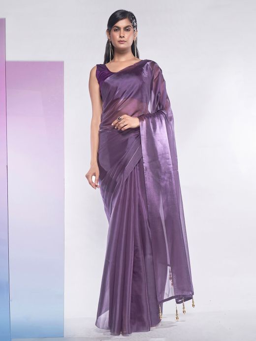 Gorgeous Purple Organza Party Wear Plain Saree With Blouse
