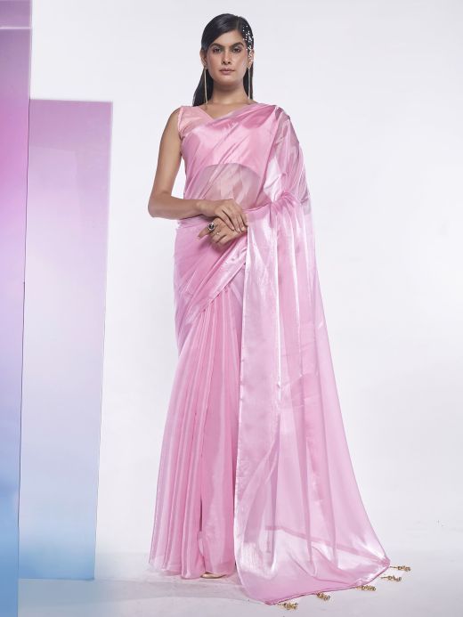 Captivating Pink Organza Reception Wear Plain Saree With Blouse