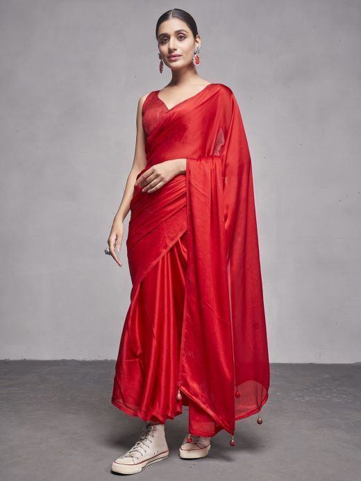 Mesmerizing Red Chiffon Party Wear Plain Saree With Blouse