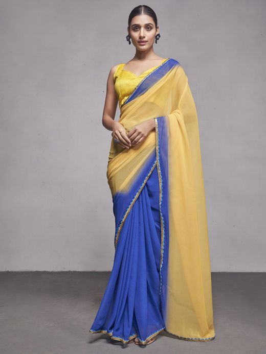 Stunning Yellow Georgette Reception Wear Plain Saree With Blouse