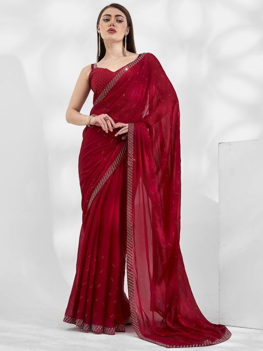 Bewitching Red Swarovski Work Satin Party Wear Saree With Blouse 