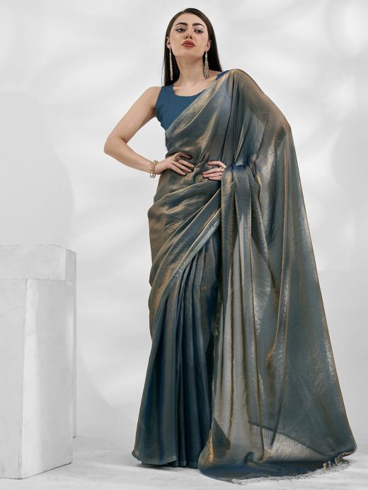 Charming Steel Blue Organza Function Wear Plain Saree With Blouse 