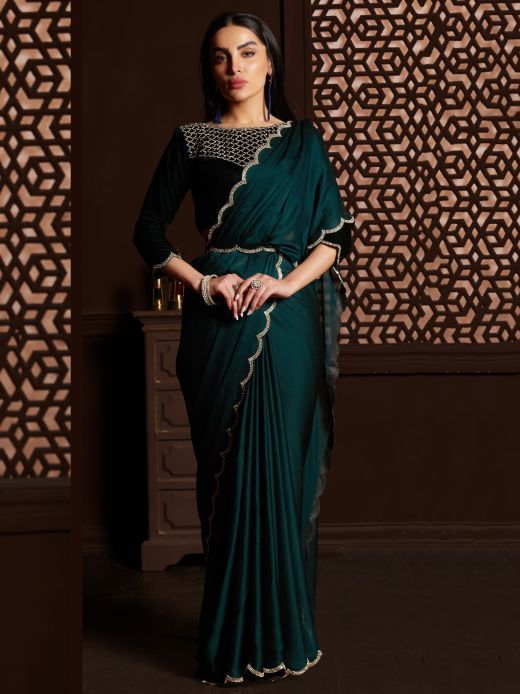 Fascinating Teal Blue Satin Party Wear Plain Saree With Blouse