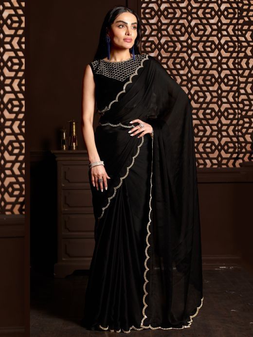 Captivating Black Satin Party Wear Plain Saree With Velvet Blouse