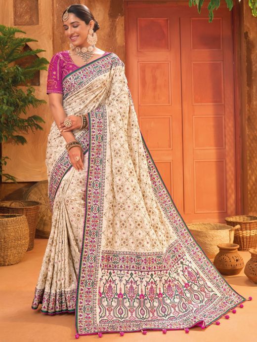 Beautiful Cream Mirror Work Silk Wedding Wear Saree With Blouse