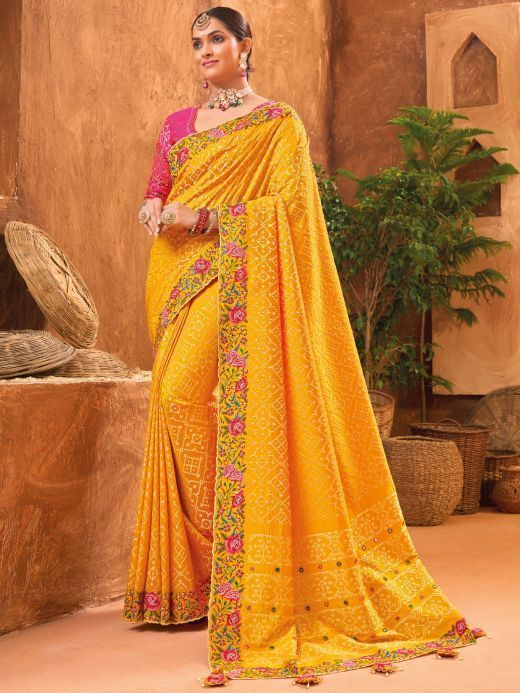 Gorgeous Mustard Yellow Mirror Work Banarasi Silk Haldi Wear Saree
