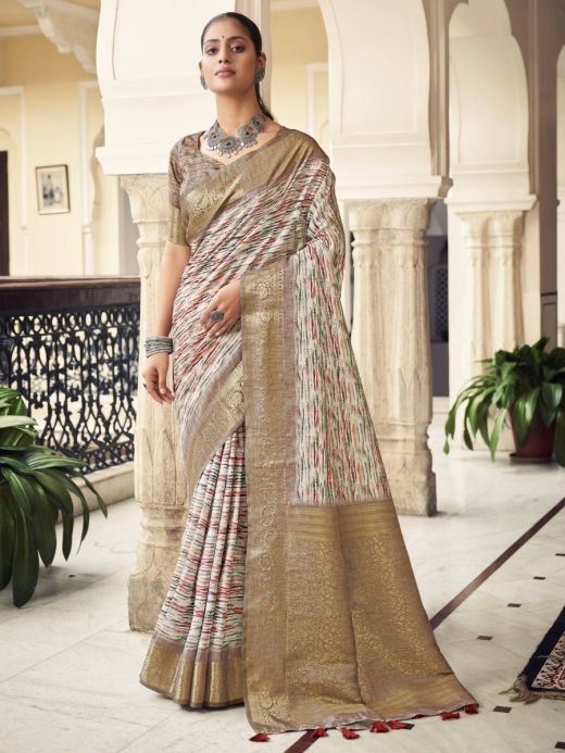 Awesome White & Golden Digital Print Silk Traditional Saree With Blouse